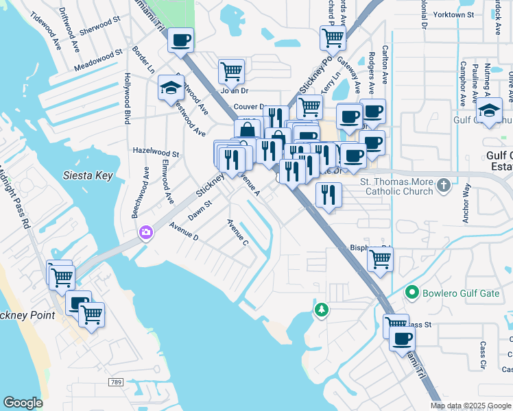 map of restaurants, bars, coffee shops, grocery stores, and more near 6701 Avenue B in Sarasota