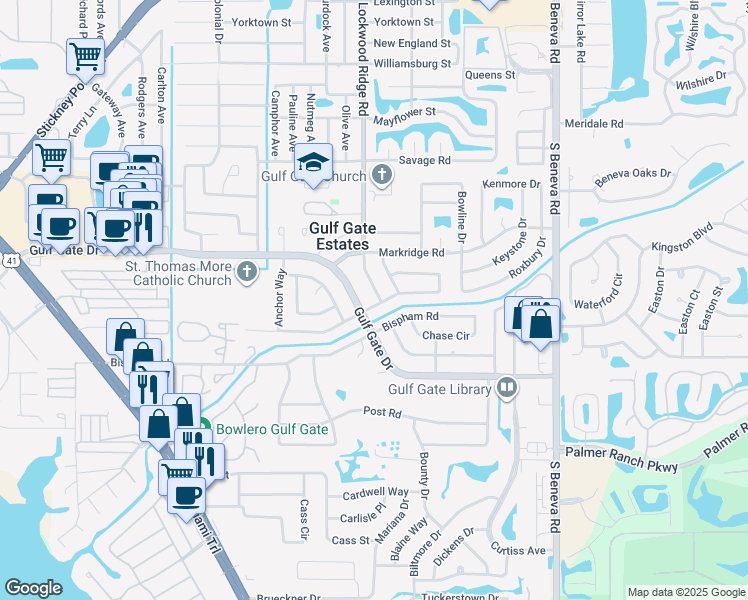 map of restaurants, bars, coffee shops, grocery stores, and more near 2920 Gulf Gate Drive in Sarasota