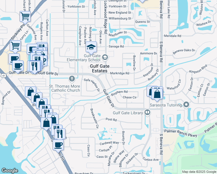map of restaurants, bars, coffee shops, grocery stores, and more near 2920 Gulf Gate Drive in Sarasota