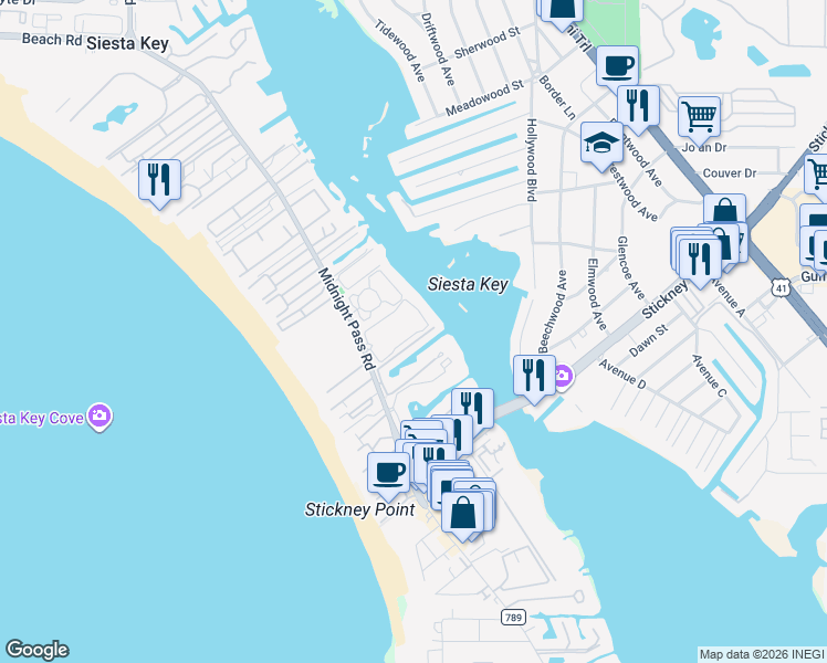 map of restaurants, bars, coffee shops, grocery stores, and more near 6265 Midnight Pass Road in Siesta Key