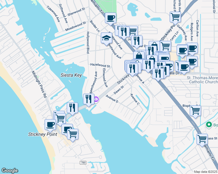 map of restaurants, bars, coffee shops, grocery stores, and more near 8925 Duval Lane in Sarasota