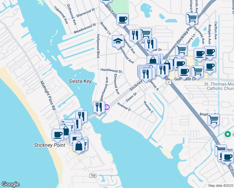 map of restaurants, bars, coffee shops, grocery stores, and more near 1644 Redwood Street in Sarasota