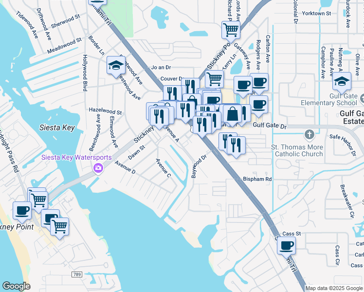 map of restaurants, bars, coffee shops, grocery stores, and more near Avenue A in Sarasota County
