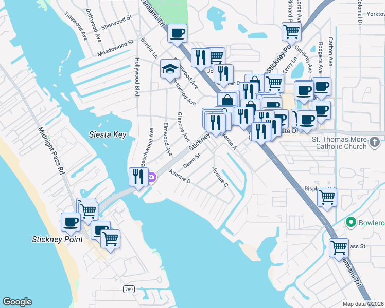 map of restaurants, bars, coffee shops, grocery stores, and more near 1725 Cheyenne Street in Sarasota