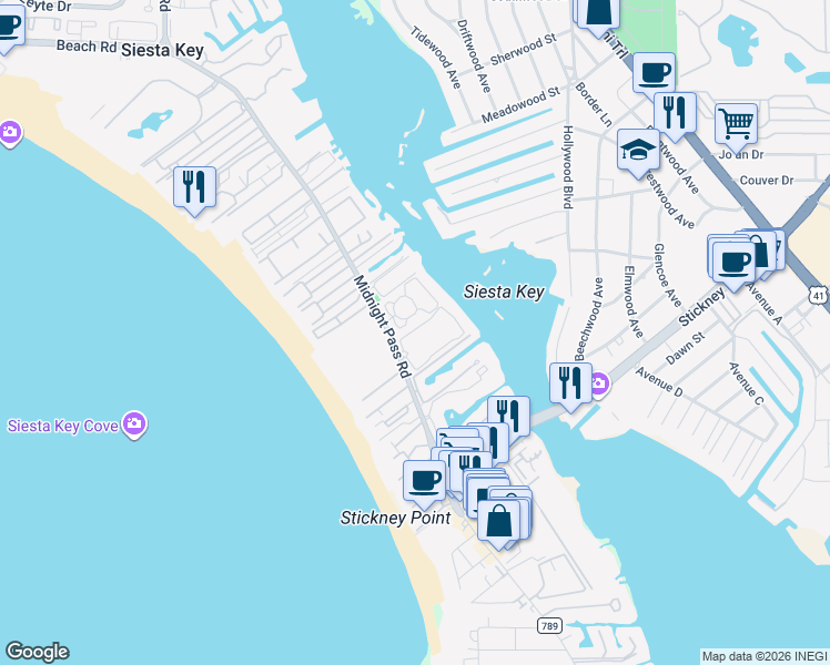 map of restaurants, bars, coffee shops, grocery stores, and more near 1321 Moonmist Drive in Siesta Key