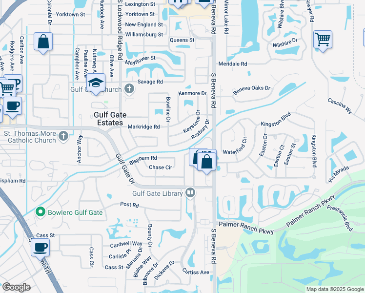 map of restaurants, bars, coffee shops, grocery stores, and more near 6806 Roxbury Drive in Sarasota