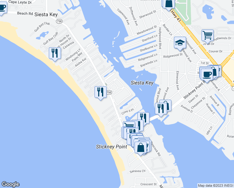 map of restaurants, bars, coffee shops, grocery stores, and more near 1321 Moonmist Drive in Siesta Key