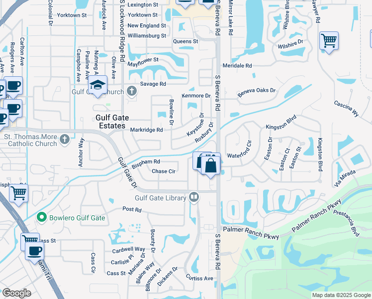 map of restaurants, bars, coffee shops, grocery stores, and more near 6806 Roxbury Drive in Sarasota