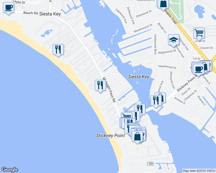 map of restaurants, bars, coffee shops, grocery stores, and more near 6214 Midnight Pass Road in Sarasota