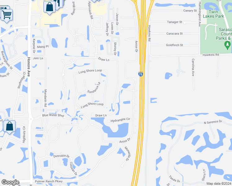 map of restaurants, bars, coffee shops, grocery stores, and more near 6523 Draw Lane in Sarasota