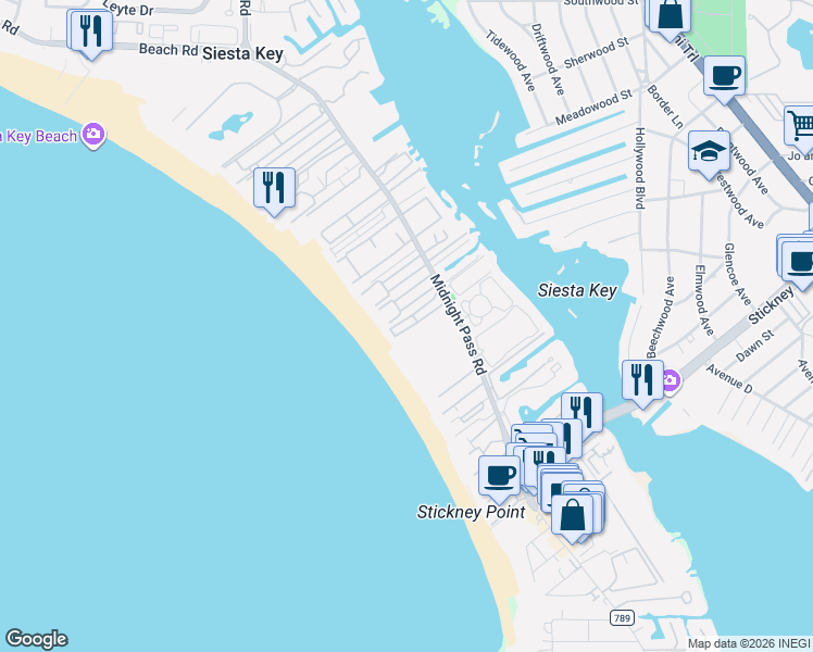 map of restaurants, bars, coffee shops, grocery stores, and more near 6148 Midnight Pass Road in Siesta Key