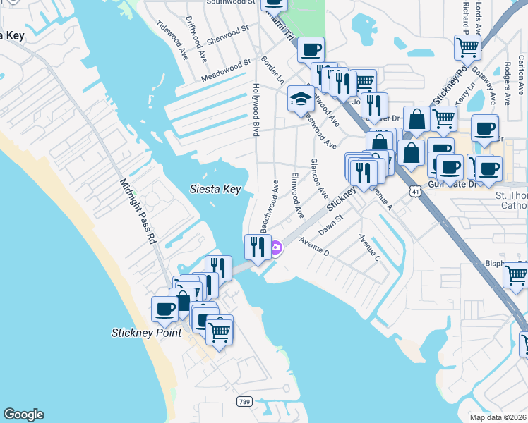 map of restaurants, bars, coffee shops, grocery stores, and more near 6422 Beechwood Avenue in Sarasota