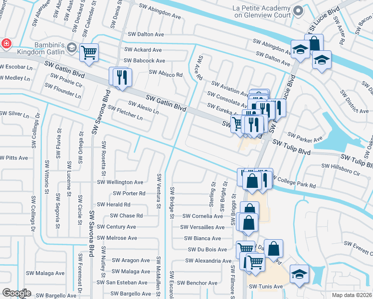 map of restaurants, bars, coffee shops, grocery stores, and more near 2892 Southwest Dinner Street in Port St. Lucie