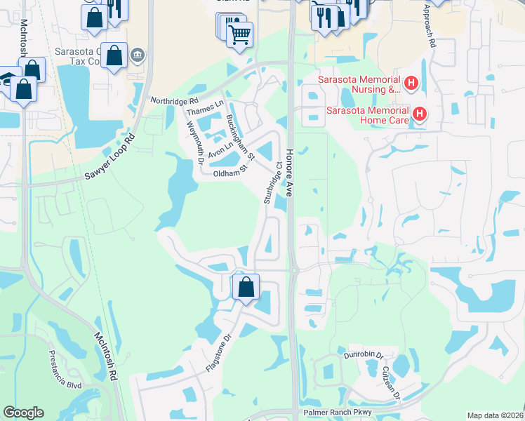 map of restaurants, bars, coffee shops, grocery stores, and more near 6306 Sturbridge Court in Sarasota