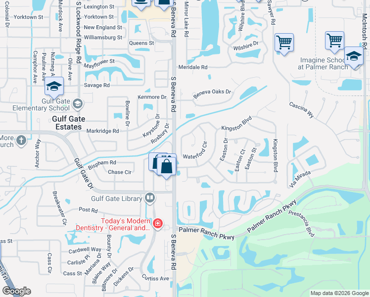 map of restaurants, bars, coffee shops, grocery stores, and more near 6534 Waterford Circle in Sarasota