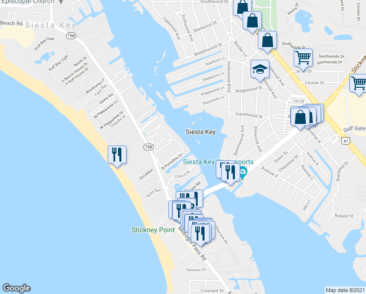 map of restaurants, bars, coffee shops, grocery stores, and more near 6275 Midnight Pass Road in Siesta Key