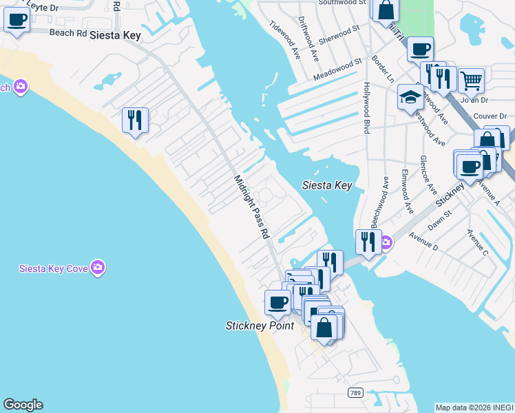 map of restaurants, bars, coffee shops, grocery stores, and more near 1284 Moonmist Circle in Siesta Key