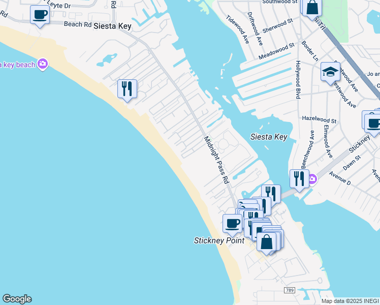 map of restaurants, bars, coffee shops, grocery stores, and more near 6148 Midnight Pass Road in Siesta Key
