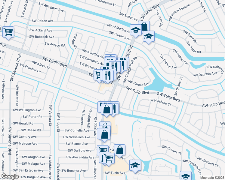map of restaurants, bars, coffee shops, grocery stores, and more near 900 Southwest Gatlin Boulevard in Port St. Lucie
