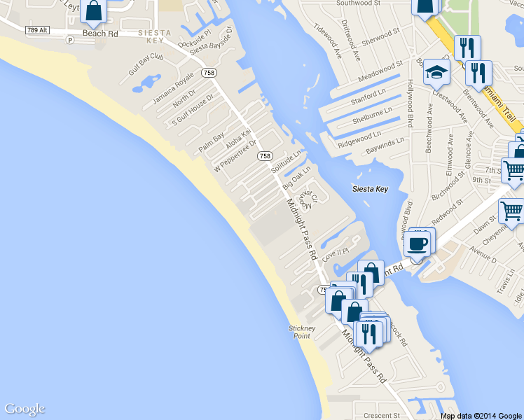 map of restaurants, bars, coffee shops, grocery stores, and more near 6148 Midnight Pass Road in Siesta Key