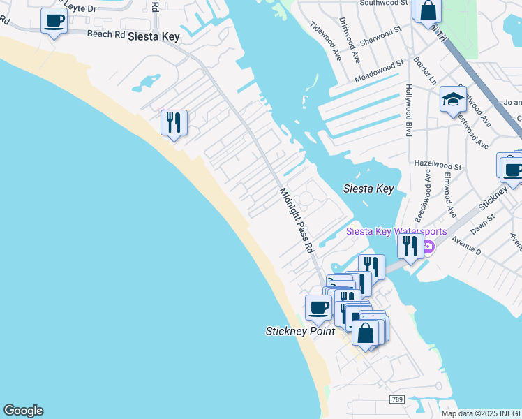 map of restaurants, bars, coffee shops, grocery stores, and more near 6148 Midnight Pass Road in Siesta Key