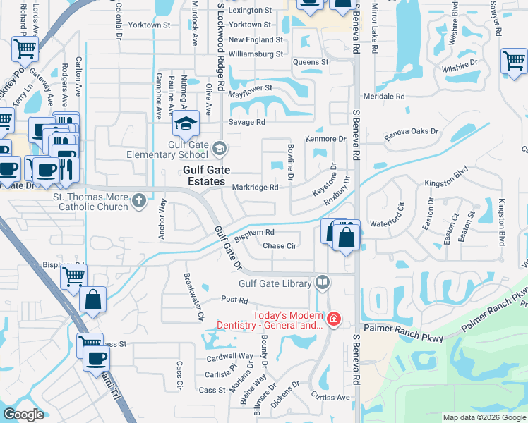 map of restaurants, bars, coffee shops, grocery stores, and more near 3165 Regatta Circle in Sarasota