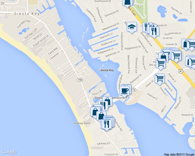 map of restaurants, bars, coffee shops, grocery stores, and more near 6275 Midnight Pass Road in Siesta Key
