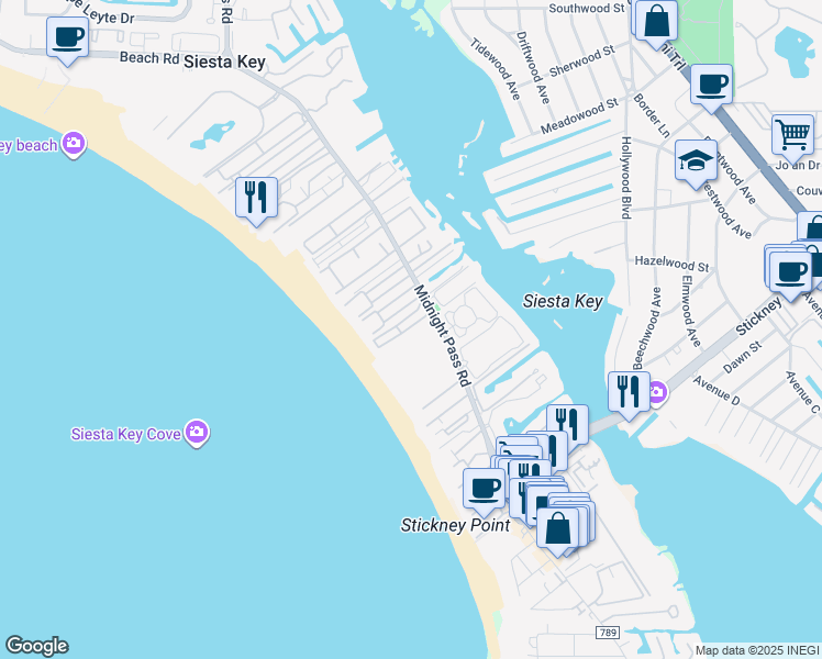 map of restaurants, bars, coffee shops, grocery stores, and more near 6182 State Highway 758 in Siesta Key