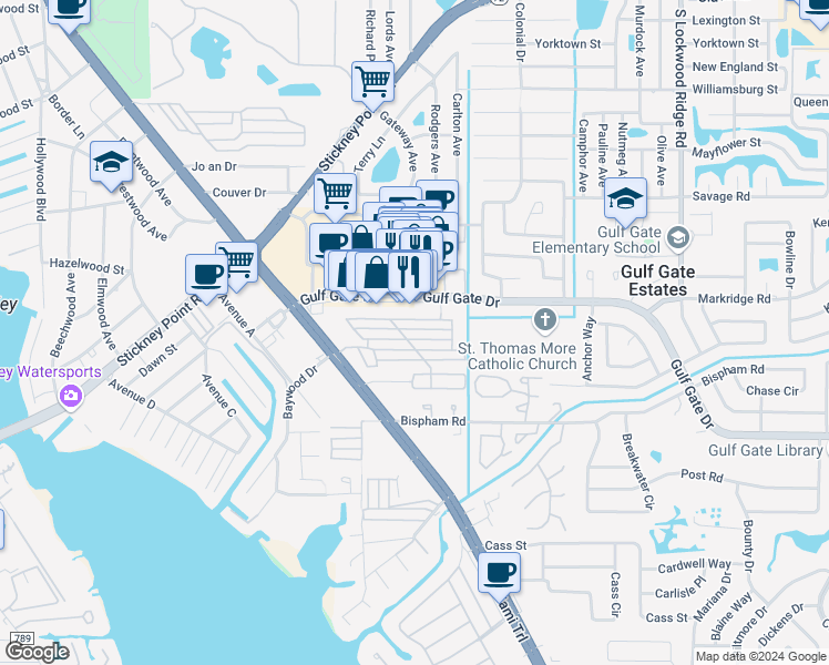 map of restaurants, bars, coffee shops, grocery stores, and more near 2054 Sun Home Street in Sarasota