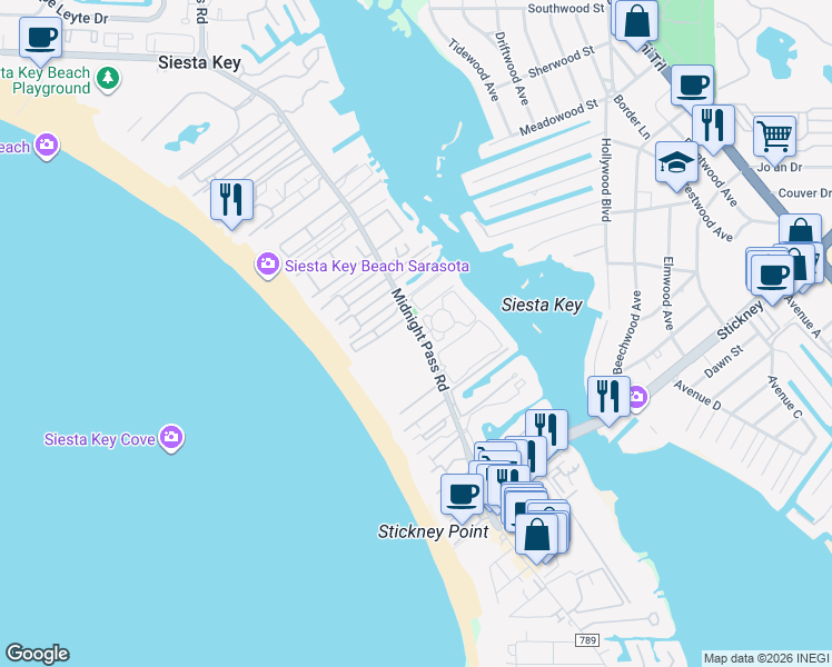 map of restaurants, bars, coffee shops, grocery stores, and more near 1284 Moonmist Circle in Siesta Key