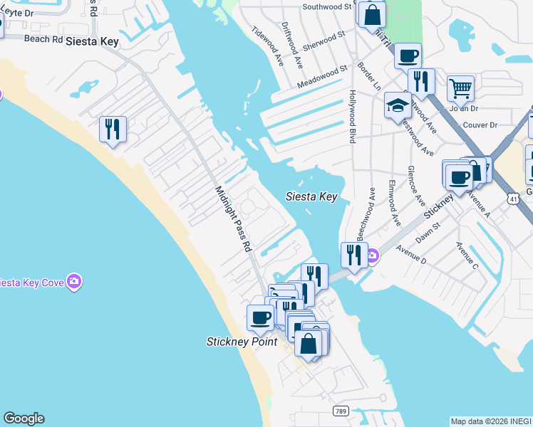 map of restaurants, bars, coffee shops, grocery stores, and more near 1321 Moonmist Drive in Siesta Key