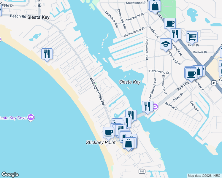 map of restaurants, bars, coffee shops, grocery stores, and more near 1321 Moonmist Drive in Siesta Key