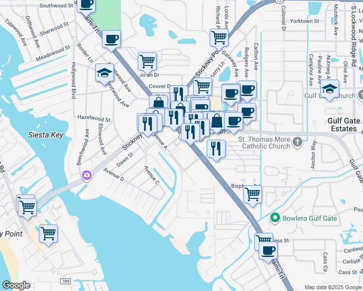 map of restaurants, bars, coffee shops, grocery stores, and more near 6650 South Tamiami Trail in Sarasota