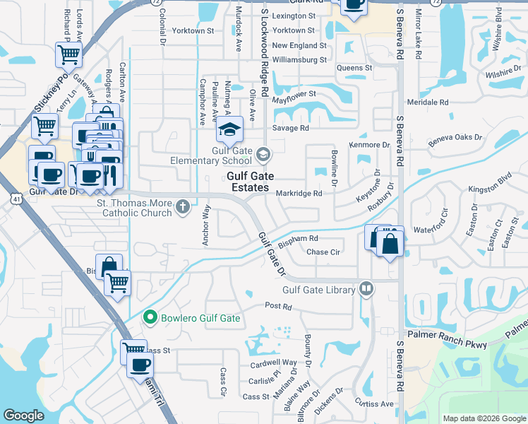 map of restaurants, bars, coffee shops, grocery stores, and more near 6718 South Lockwood Ridge Road in Sarasota