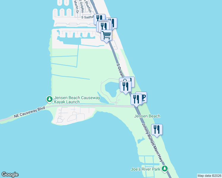 map of restaurants, bars, coffee shops, grocery stores, and more near 4492 Northeast Ocean Boulevard in Jensen Beach