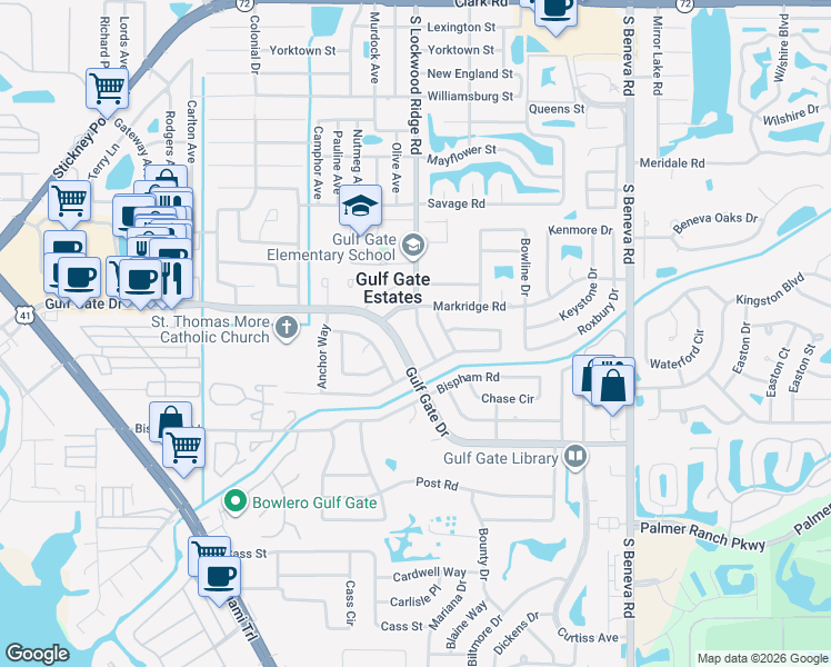 map of restaurants, bars, coffee shops, grocery stores, and more near 6718 South Lockwood Ridge Road in Sarasota