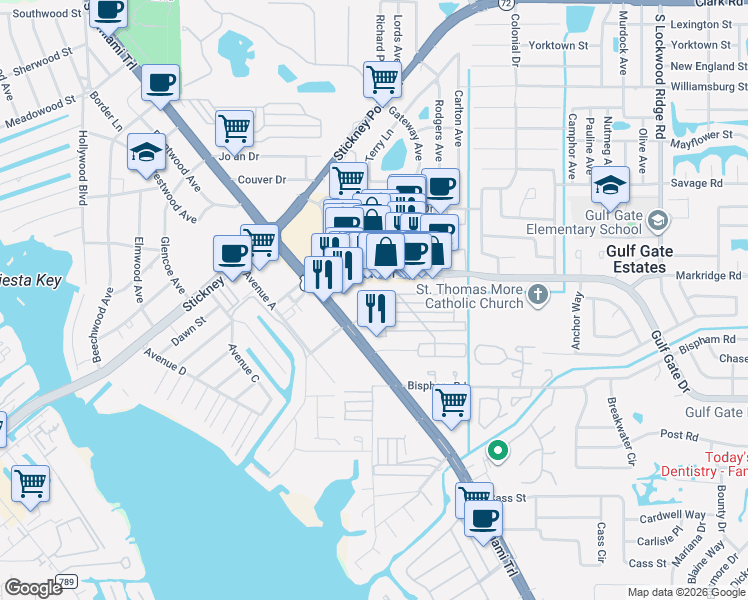 map of restaurants, bars, coffee shops, grocery stores, and more near 2030 Sun Home Street in Sarasota