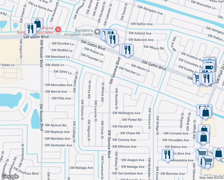 map of restaurants, bars, coffee shops, grocery stores, and more near 2897 Southwest Savona Boulevard in Port St. Lucie
