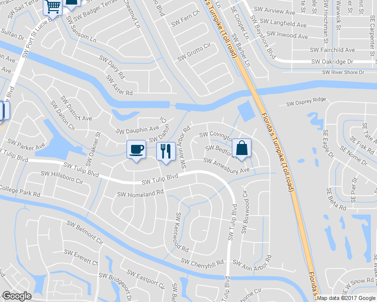 map of restaurants, bars, coffee shops, grocery stores, and more near 381 Southwest Covington Road in Port St. Lucie