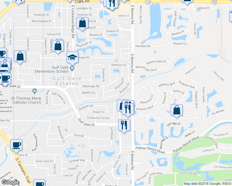 map of restaurants, bars, coffee shops, grocery stores, and more near 6806 Roxbury Drive in Sarasota