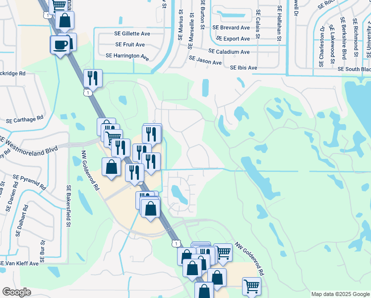 map of restaurants, bars, coffee shops, grocery stores, and more near 1612 Northwest Marsh Creek Drive in Jensen Beach