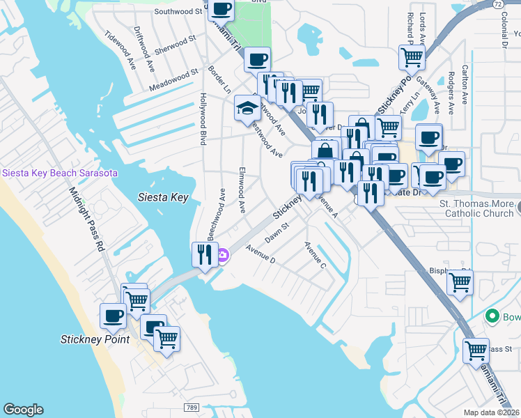 map of restaurants, bars, coffee shops, grocery stores, and more near 1724 Redwood Street in Sarasota
