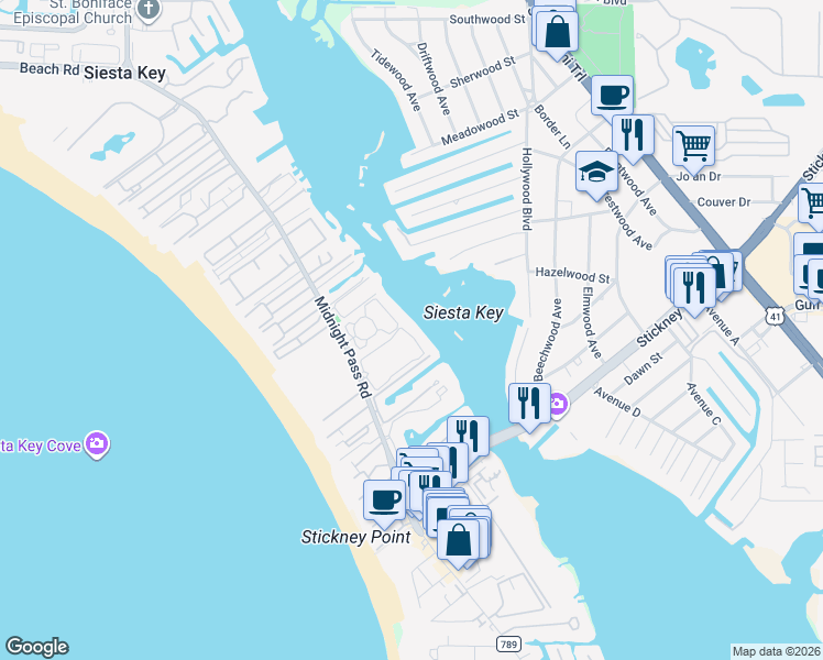 map of restaurants, bars, coffee shops, grocery stores, and more near 6275 Midnight Pass Road in Siesta Key
