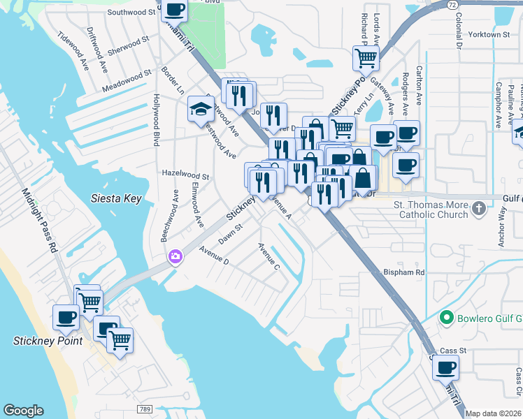 map of restaurants, bars, coffee shops, grocery stores, and more near 1804 Stickney Point Road in Sarasota
