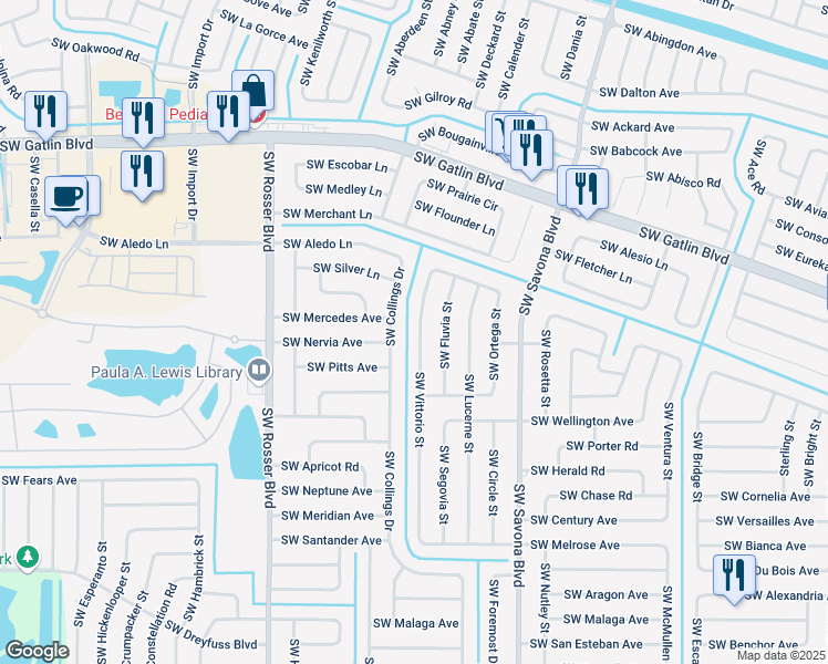 map of restaurants, bars, coffee shops, grocery stores, and more near 2862 Southwest Vittorio Street in Port St. Lucie