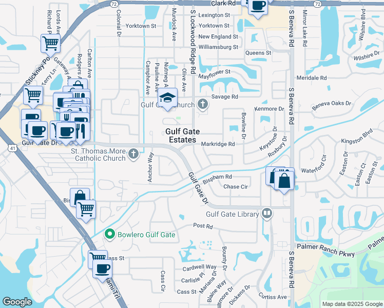 map of restaurants, bars, coffee shops, grocery stores, and more near 6718 South Lockwood Ridge Road in Sarasota