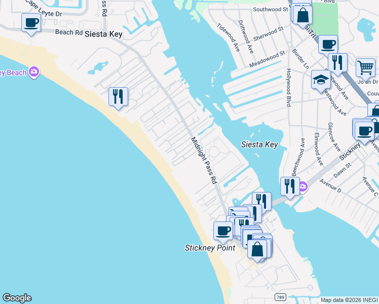map of restaurants, bars, coffee shops, grocery stores, and more near 6182 State Highway 758 in Siesta Key