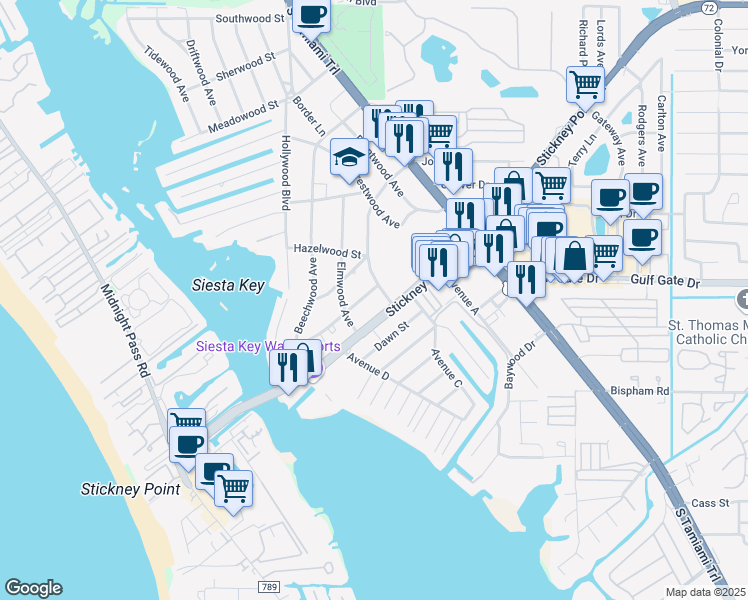 map of restaurants, bars, coffee shops, grocery stores, and more near 1724 Redwood Street in Sarasota