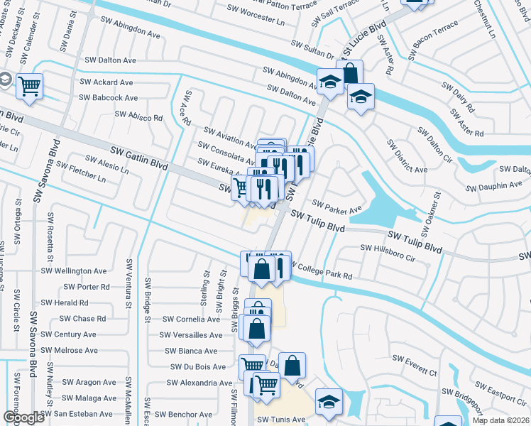map of restaurants, bars, coffee shops, grocery stores, and more near 900 Southwest Gatlin Boulevard in Port St. Lucie