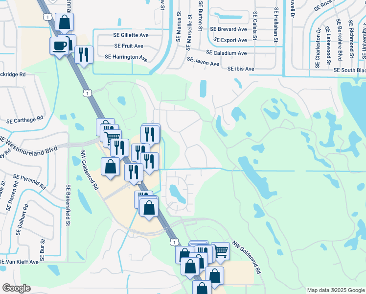 map of restaurants, bars, coffee shops, grocery stores, and more near 1612 Northwest Marsh Creek Drive in Jensen Beach